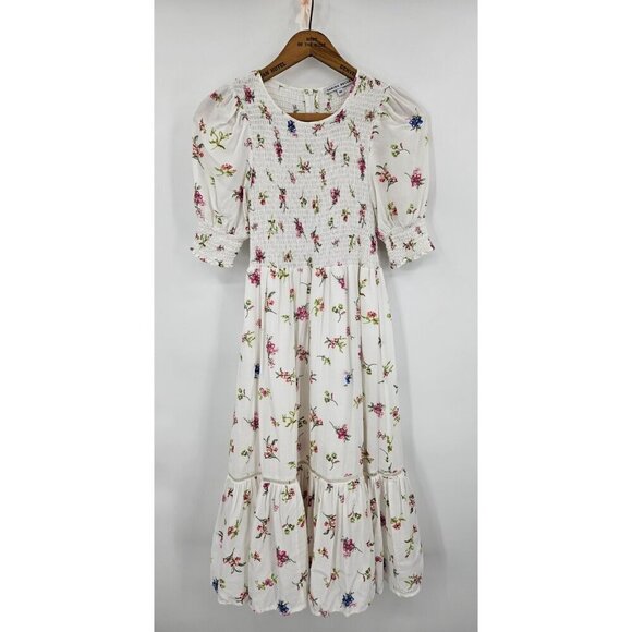 Yakira Bella Dresses & Skirts - Yakira Bella Smocked Dress Womens XS White Floral Short Sleeve Rayon